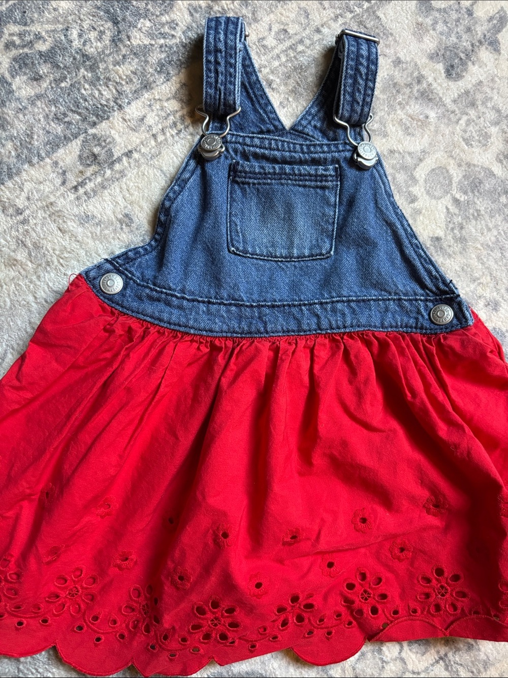 Gymboree Denim Bib Overall Dress with Red Eyelet Skirt